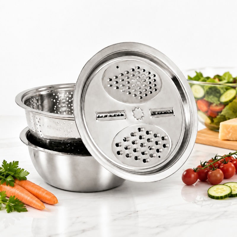 Meal Prep Chef - 3個セット ステンレス製 キッチンザルセット 多機能水切り グレーター付きボウル 果物・野菜・チーズ用