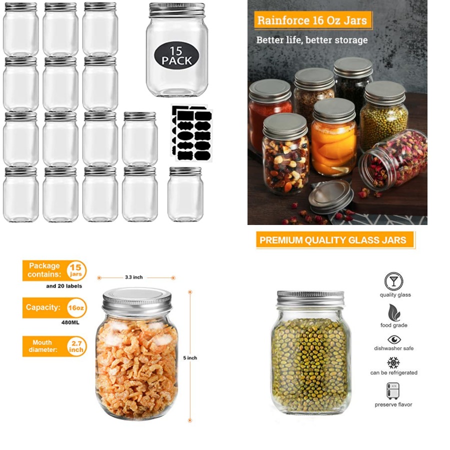Meal Prep Bulking - 16オンス メイソンジャー 蓋付き レギュラーマウス 15個パック -