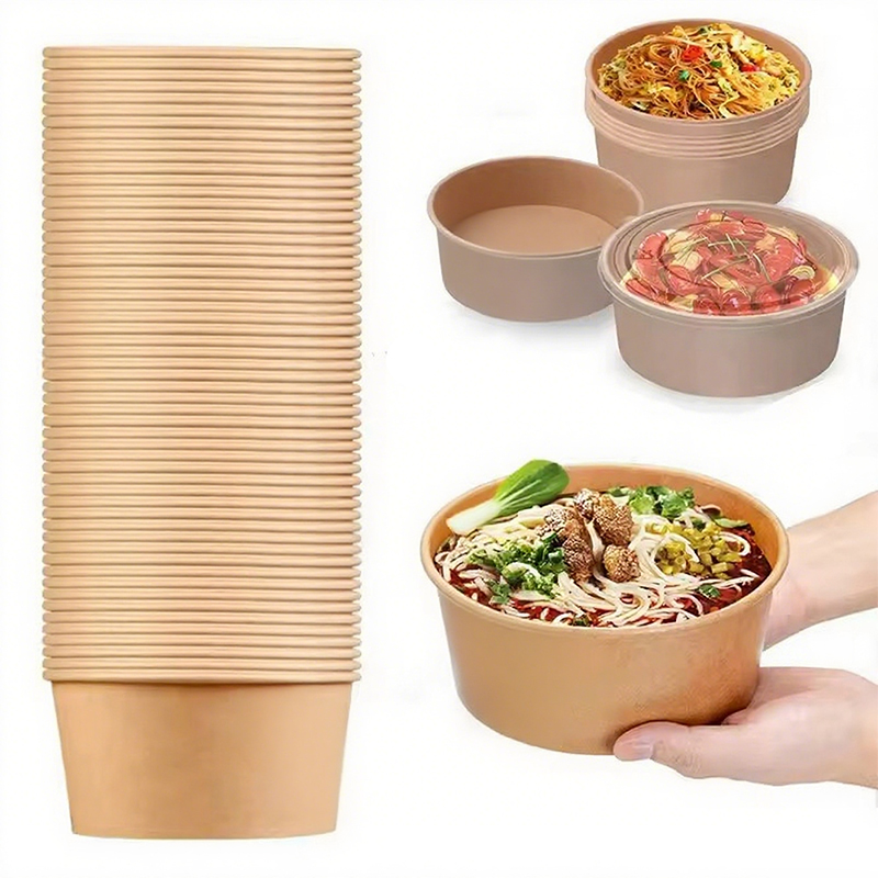Meal Prep Noodles - クラフト紙製丸型ボウル使い捨てランチ弁当箱、蓋付きミールプレップ容器、サラダ麺ボウル、パーティーフライドポテト、ファーストフードボックス