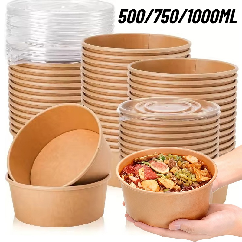 Meal Prep Noodles - 10/20 個クラフト紙ラウンドボウル使い捨てランチ弁当ボウル蓋付き食事準備サラダ麺ボウルパーティーフライドポテトファストボックス