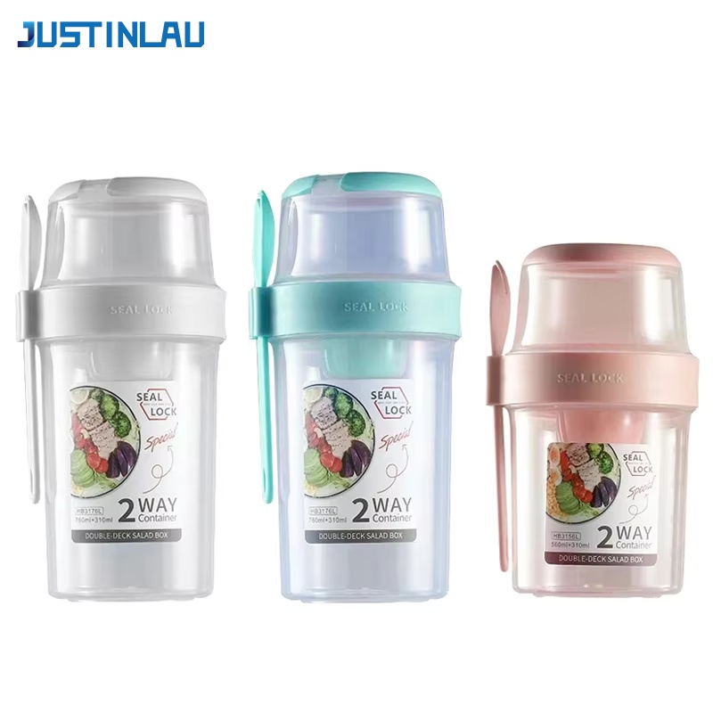 Salad Container Jar - JUSTINLAU ポータブルフィットネス減量サラダカップ朝食フルーツヨーグルトカップ蓋スプーン屋外食品保存ピクニック弁当箱