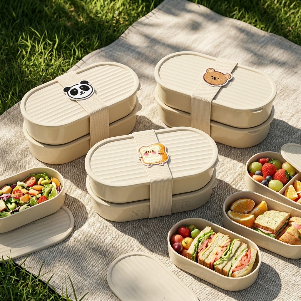 Salad Container Jar - 2 ピース/セット漫画キッズ弁当箱ストラップ付き楕円形プラスチックランチボックスシングル/ダブルグリッドポータブルフルーツサラダ食品容器