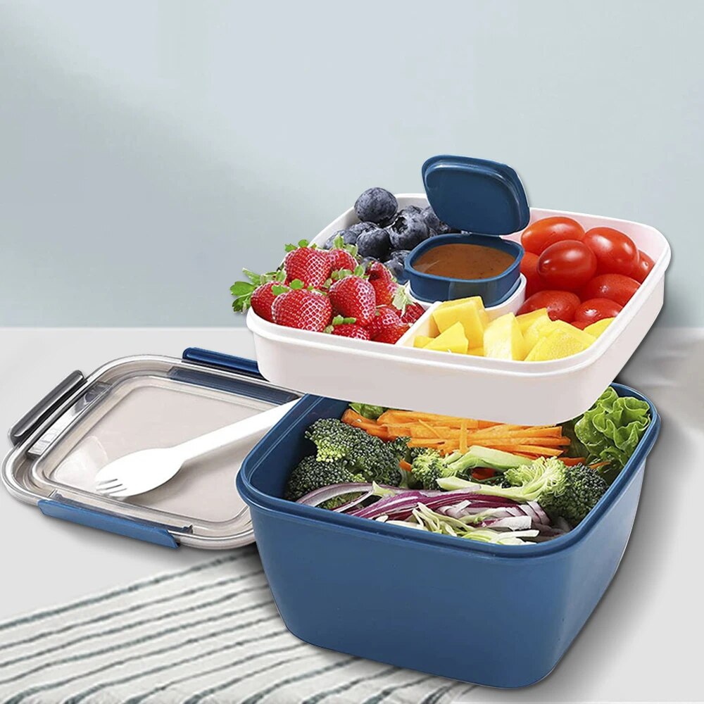 Salad Container Jar - 1100 ミリリットル/1500 ミリリットルポータブル弁当箱コンテナ 2 層グリッドサラダボウル弁当箱サラダボウル弁当箱ランチコンテナ食品用