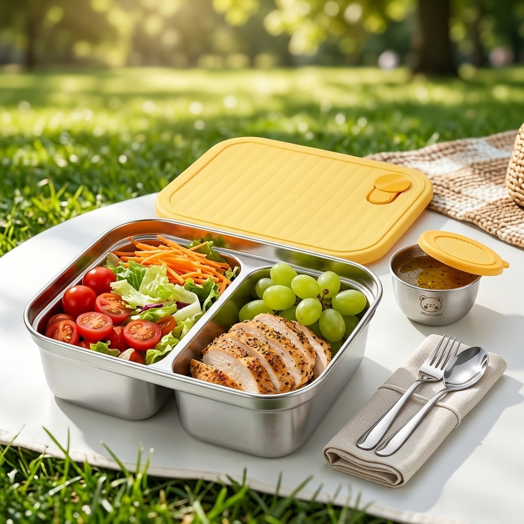 Salad Container Jar - 304ステンレス製ランチ容器、子供や学生向けの携帯用密閉ランチボックス、フルーツサラダ用食品保存容器、ソースボックス付き