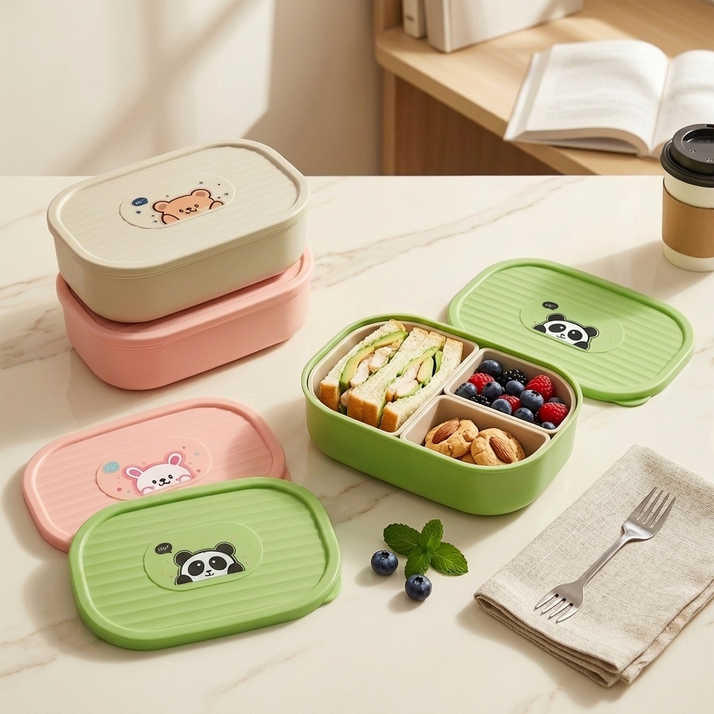 Salad Container Jar - かわいいプラスチック製の分割ランチボックス子供学生用ポータブル密封された取り外し可能な3グリッドフルーツサラダ食品容器電子レンジ対応
