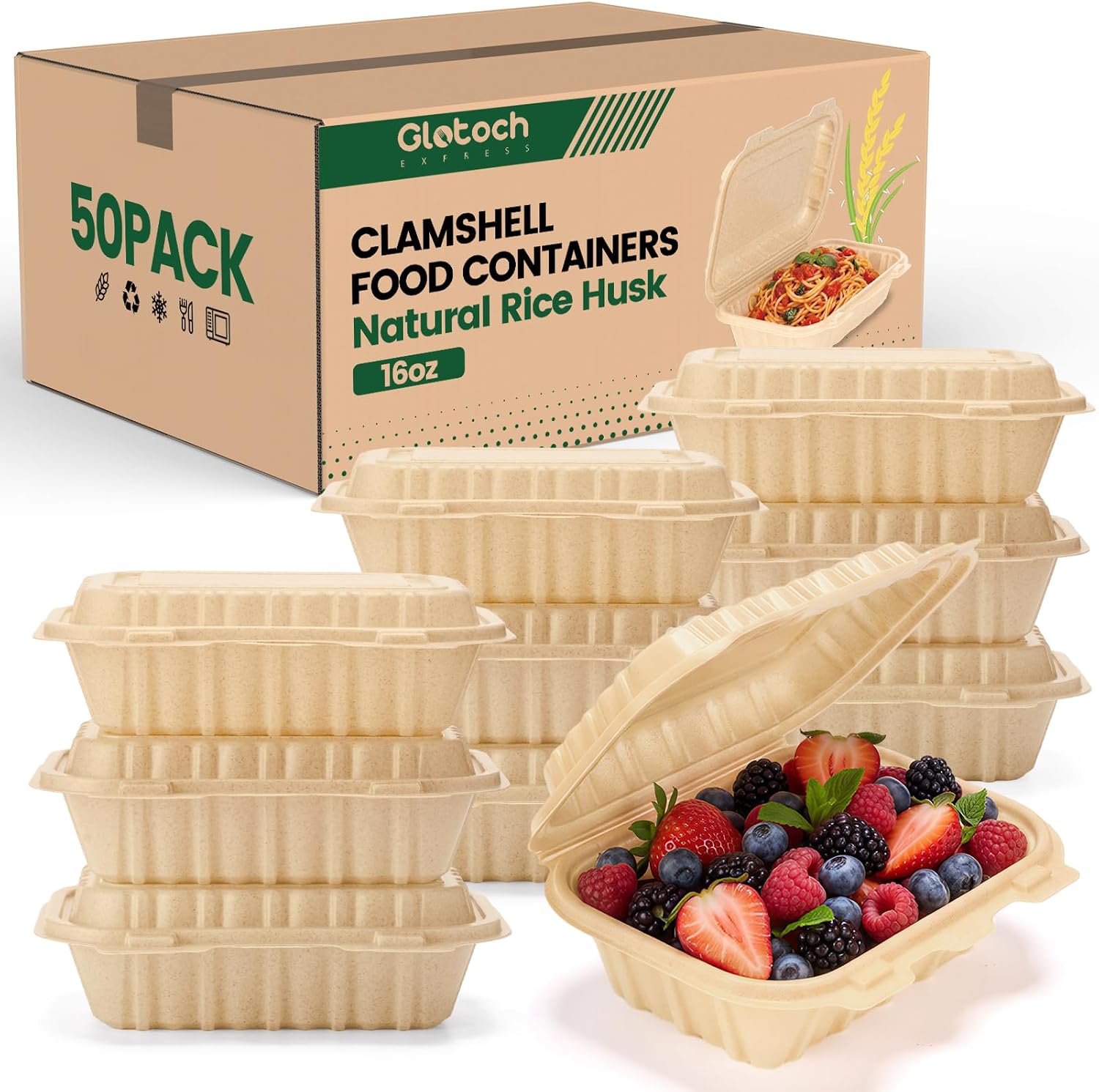 50個入り 16オンス クラムシェル型テイクアウト容器、天然 - Salad Container Jar のレビューと価格
