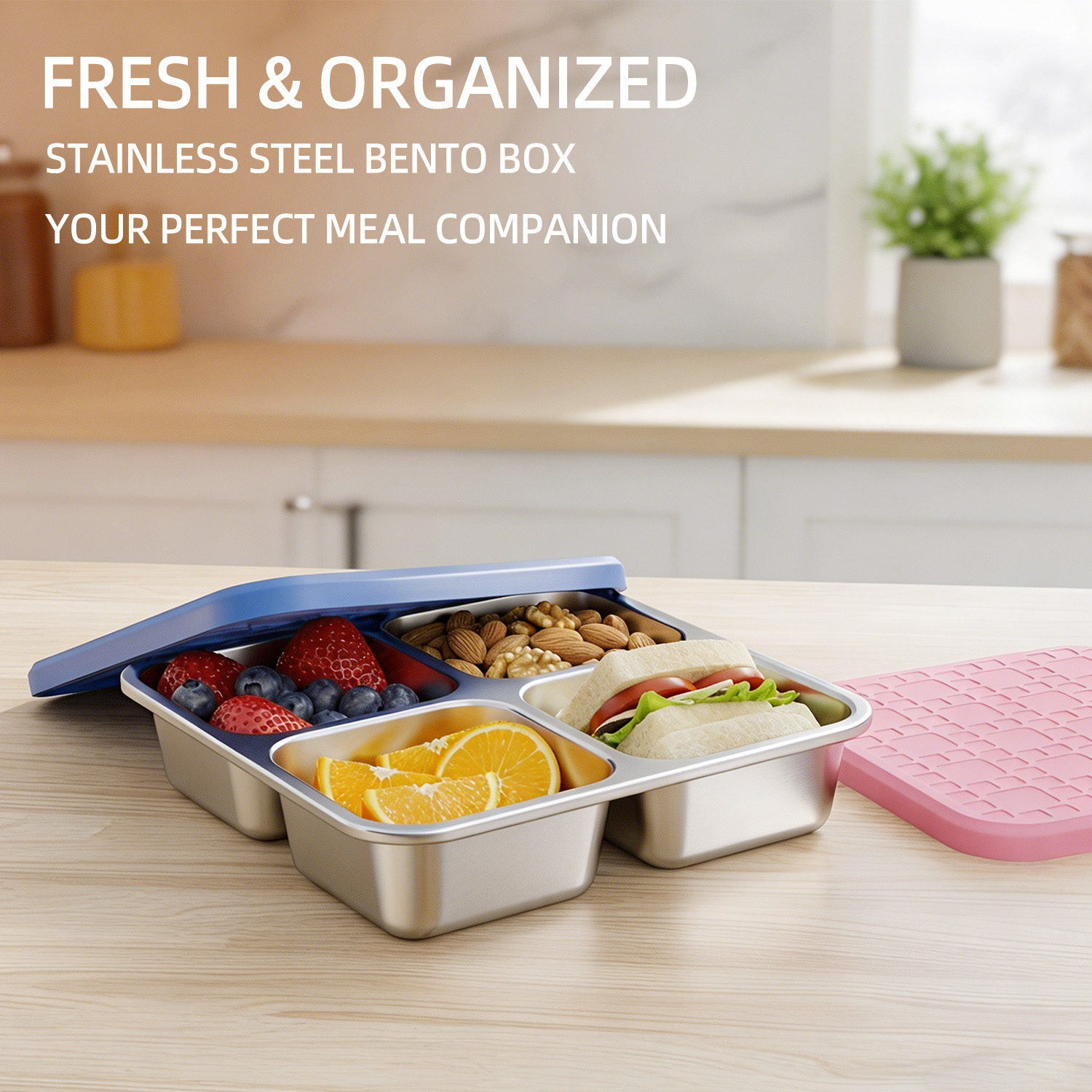 304ステンレス製4区画ランチコンテナ、シリコン蓋付き漏れ防 - Meal Prep Bowl のレビューと価格