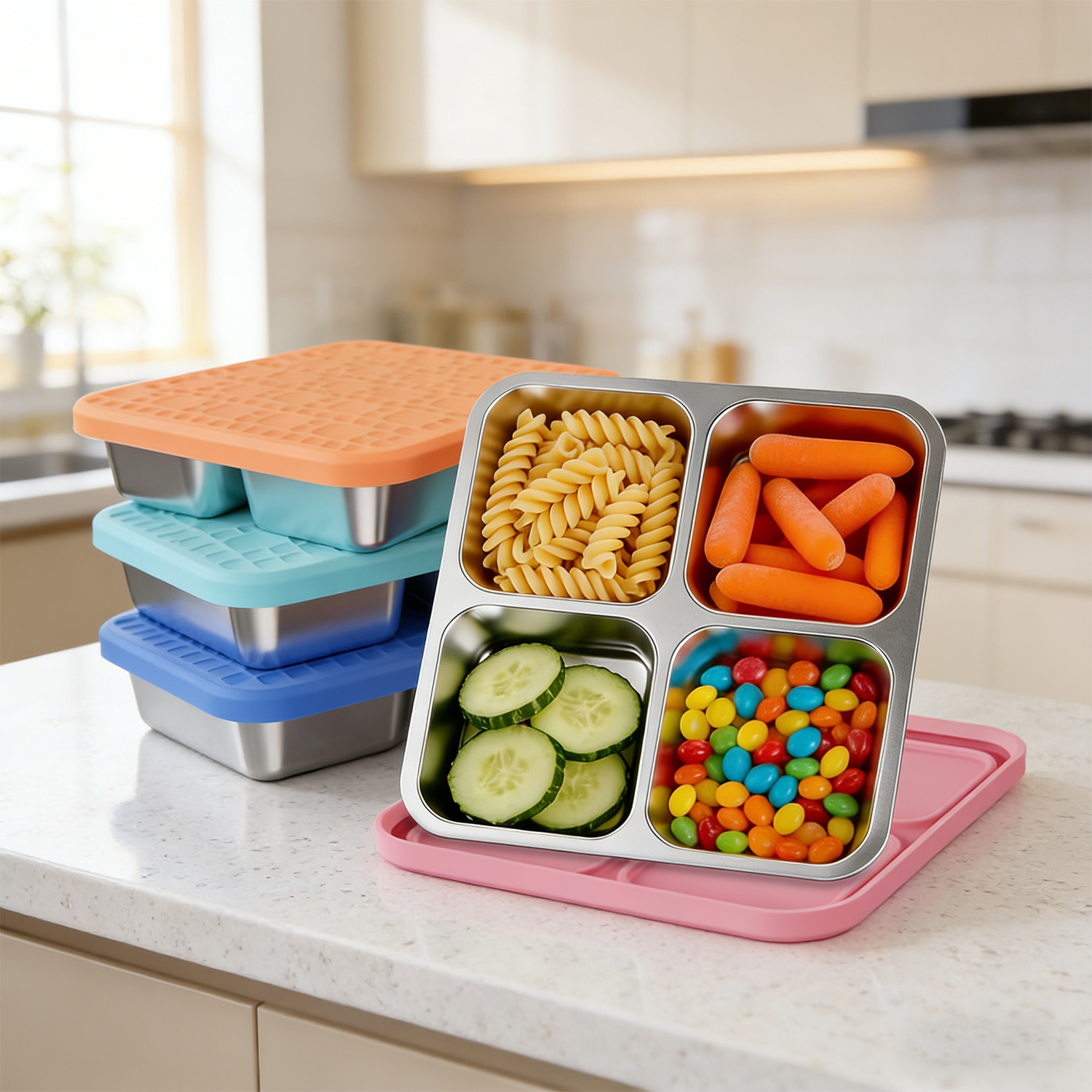 304ステンレス製4区画ランチコンテナ、シリコン蓋付き漏れ防 - Meal Prep Bowl のレビューと価格
